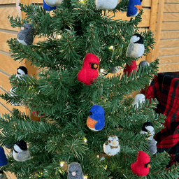 A small artificial Christmas tree is covered in small needle-felted bird ornaments, including a bright royal blue bird with an orange breast in the center. Other birds include a dark-eyed junco, Northern cardinal, black-capped chicakdee, and snow bunting.