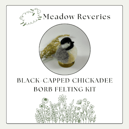 A needle felted black capped chickadee is in a center circular inset. Above, the brand name Meadow Reveries with a cartoon leaping sheep. Below, BLACK CAPPED CHICKADEE FELTING KIT. At the bottom, decorative cartoon wildflowers.