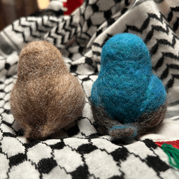 A pair of needle-felted Palestine sunbirds sit on the keffiyeh facing directly away from the camera. Her body and tail are a buff color. His body bright blue, fading ombre to a dark grey tail and wings.