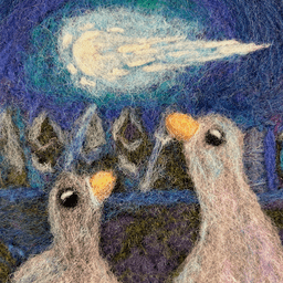 Detail of wool painting of two ducks watching a meteor in the night sky, the light reflected in their awe-filled eyes. There are trees in the background. The duck on the left is darker than the duck on the right.