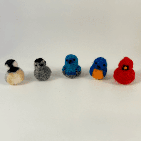 Five miniature needle felted borbs sit in a line facing the camera directly. From left to right, a black-capped chickadee, grey catbird, Palestine sunbird, Eastern bluebird, and Northern cardinal.