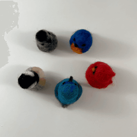 From overhead, five miniature needle felted borbs positioned in a circle face inward. From top right clockwise, a grey catbird, Eastern bluebird, Northern cardinal, Palestine sunbird, and black-capped chickadee.