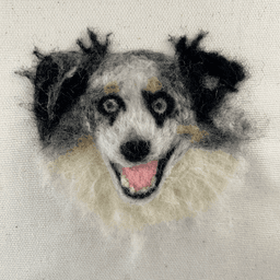 Close up of a felted wool portrait of a blue eyed Australian shepherd’s face. The dog’s mouth is relaxed open in a smile. His ears are black, his face mostly white with mottled black, grey and tan. His neck is fluffy warm white. 