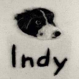 Close up of a needle-felted portrait of a border collie looking towards the right with his name written below, Indy.