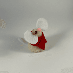 A needle-felted cream colored mouse wearing a red scarf facing 3/4 towards the right.