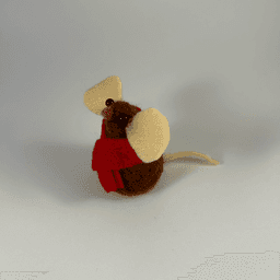 A needle-felted chocolate colored mouse wearing a red scarf facing 3/4 towards the left.