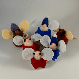 Six needle-felted mice wearing hats and scarves stand huddled together in a triangle.