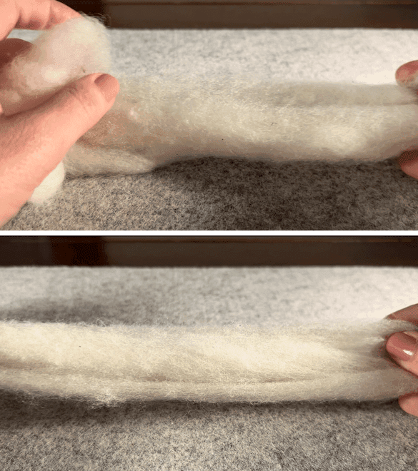 The top half of the image shows a partial view of two hands unrolling some soft white roving wool on a grey felting mat. The roving is 2-3 inches thick. The bottom half of the image shows the unrolling having been completed.