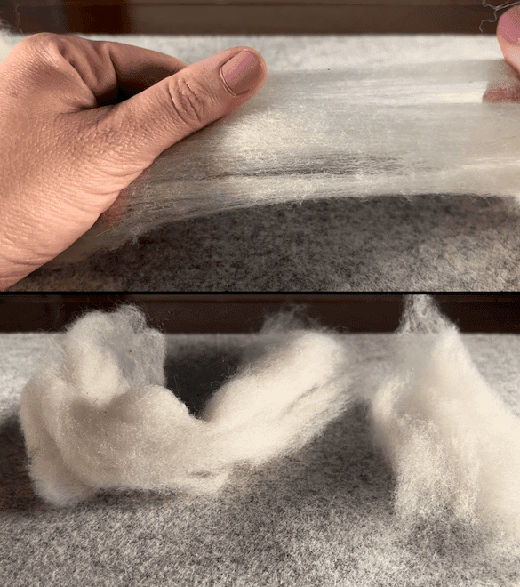 The top half of the image shows a left hand and a mostly obscured right hand pulling apart soft white roving wool about 2-3 inches in thickness. The bottom half of the image shows two pieces of soft white roving, the one on the left about half as large as the one on the right.