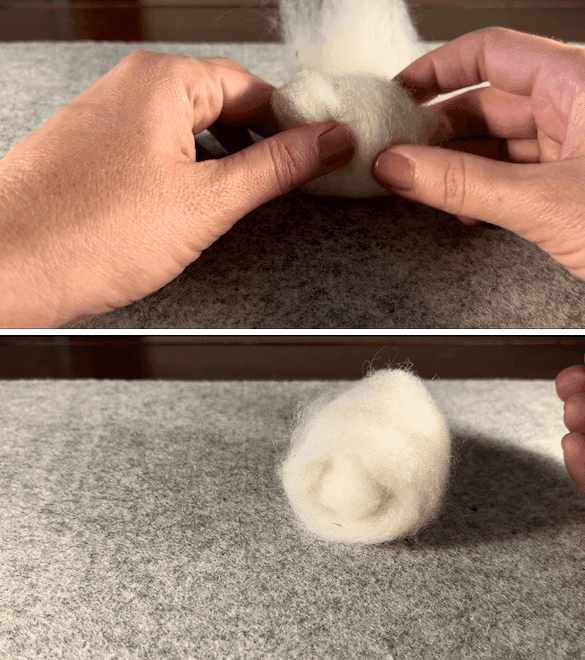 The top half of the image shows two hands rolling soft white wool roving into a ball. The bottom half of the image shows soft white roving rolled up into a ball about two inches in diameter.