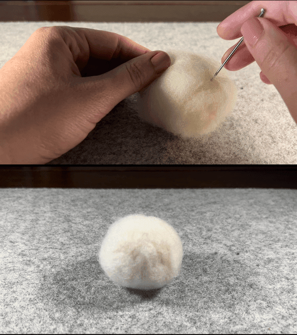 The top half of the image shows two hands partially obscured, one on the left pinching a ball of soft white wool roving, while the one on the right pokes the ball with a felting needle. The bottom half of the image shows a tighter, felted ball of soft wool roving.