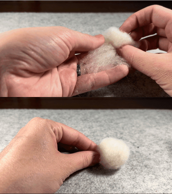 The top half of the image shows two hands rolling up a small ball of soft wool roving, about an inch in thickness. The bottom half of the image shows the left hand pinching the small ball of soft wool roving.