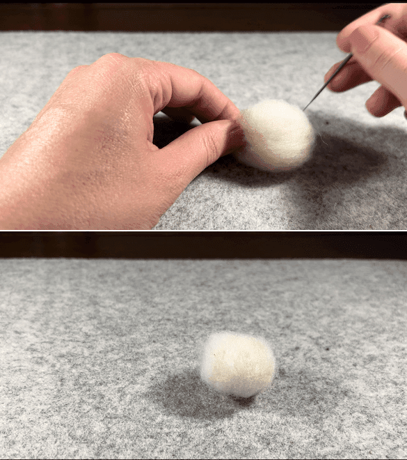 The top half of the image shows two hands partially obscured, the one on the left pinching a small ball of soft wool roving and the one on the right poking the ball with a felting needle. The bottom half of the image shows a tighter, smaller felted ball of soft wool roving sitting on a grey felting mat.