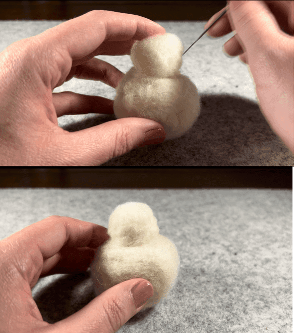 The top half of the image shows two hands partially obscured, the one on the left holding a small ball of soft white felted wool on top of a larger ball of soft white felted wool about a third larger than the top ball. The hand on the right is poking the small ball on top with a felting needle. The bottom half of the image shows the left hand holding the resulting body shape of one small ball on top of a larger ball, a round baby chick like shape. The shape is becoming a borb.