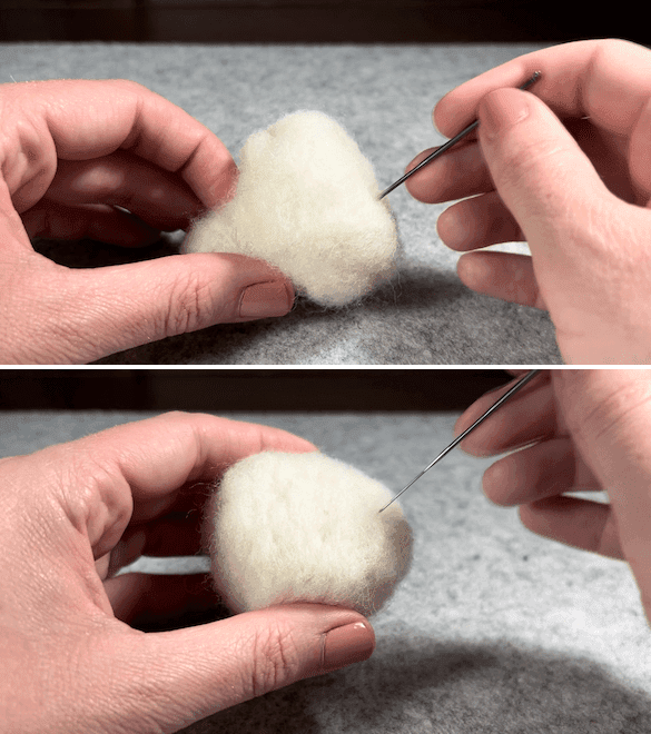 The top half of the image shows two partially obscured hands, the left hand holding the borb upturned so its underside is pointed to the upper right. The right hand is poking the borb's underside with a felting needle. The bottom half of the image shows the hands still working on the borb, with the borb's underside pointed towards the camera, appearing flat.