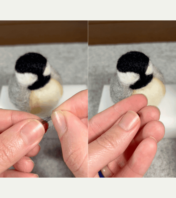 On the left side of the image, two partially obscured hands pull and pinch a tiny piece of black fiber. On the right side of the image, a partially obscured left hand rolls a tiny piece of black fiber between thumb and middle finger. A partially completed black-capped chickadee needle-felted borb sits on a foam felting pad in the background in both images.