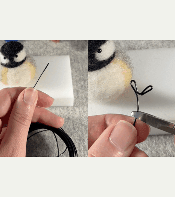 On the left image, a partially obscured left hand holds black jewelry wire between thumb and forefinger. The wire is curled below the hand. On the right, a mostly obscured left hand holds wire borb feets between thumb and forefinger, and small jewelry wire cutters are placed on the borb feets. In both images, a needle felted black-capped chickadee sits in the background on a foam felting block.