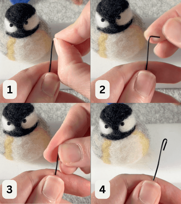 The image is divided into quadrants labelled 1 through 4. Top left is 1, top right is 2, bottom left is 3, bottom right is 4. These show the steps of bending a tiny hook at the end of beading wire. In each image, a needle felted black-capped chickadee sits in the background on a foam felting block. In image 1, a mostly obscured left hand holds black beading wire while a mostly obscured right hand pinches the tip of the wire between thumb and forefinger. In 2, the wire is shown as bent 90 degrees at the top. In 3, the same hands bend the tip more. In 4, finally a mostly obscured left hand shows black beading wire bent with a hook of about 3/4 centimeter.