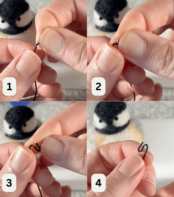 The image is divided into quadrants labelled 1 through 4. Top left is 1, top right is 2, bottom left is 3, bottom right is 4. These show the steps of bending an S shape into borb feets. In each image, a needle felted black-capped chickadee sits in the background on a foam felting block. In 1, a mostly obscured left hand holds black beading wire while a mostly obscured left hand bends it between thumb and forefinger. In 2, in between the bending hands a new curve is shown in the wire. In 3, the new curve is more evident. In 4, the left hand holds the wire S-shaped with a long tail between thumb and forefinger.