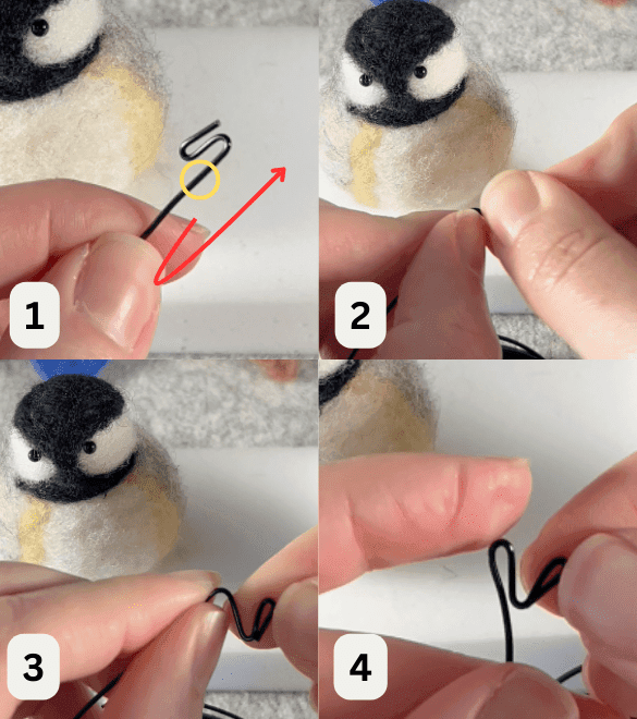 The image is divided into quadrants labelled 1 through 4. Top left is 1, top right is 2, bottom left is 3, bottom right is 4. These show the steps of bending borb feets toes into a V. In each image, a needle felted black-capped chickadee sits in the background on a foam felting block. In 1, a mostly obscured left hand holds a bit of S-shaped beading wire with a long tail between thumb and forefinger. A yellow circle marks where it should be bent next, and a red arrow shows the orientation of the bend, going to the upper right bending counter clockwise. In 2, the wire is mostly obscured while two hands bend it. In 3, peeking between left and right hands pinching with thumb and forefinger the wire has a new hook forming next to the right hook. In 4, a close up of the wire bent into a V shape of two hooks.