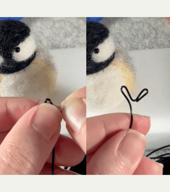 On the left image, two mostly obscured hands bend an obscured piece of black jewelry wire between thumbs and forefingers. In the right image, the left hand displays a single mostly completed borb feets, which is two toe hooks bent at 45 degrees from each other with a length of wire attached. In both images, a needle felted black-capped chickadee sits in the background on a foam felting block.