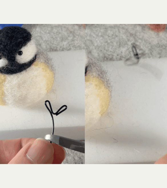 In the left image, a mostly obscured left hand holds wire borb feets between thumb and forefinger, and small jewelry wire cutters are placed on the borb feets. In the right image, the borb feets are visible flying away at a high speed. In both images, a needle felted black-capped chickadee sits in the background on a foam felting block.