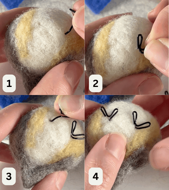 The image is divided into quadrants labelled 1 through 4. Top left is 1, top right is 2, bottom left is 3, bottom right is 4. These show the steps of inserting borb feets. In 1, mostly obscured pinched thumb and forefinger into a borb feets into a hole in the base of a needle felted black-capped chickadee. In 2, thumb and forefinger adjust the inserted feets. In 3, thumb and forefinger insert the second feets in a hole on the left. In 4, both feets are shown inserted in the base of the borb.