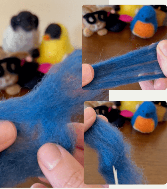 In the background of each image, five needle-felted critters, some bespectacled, eager as students watch a demonstration on a wood table. On the left half of the image, two mostly obscured hands gently pull apart blue felting wool laterally to thin it. On the right hand of the image, there are two rounded square inlays. In the top inlay, two mostly obscured hands pull apart blue wool fiber. On the bottom inlay, one mostly obscured hands holds an end of some blue wool fiber between finger and thumb while scissors trim into the grain of the fiber.