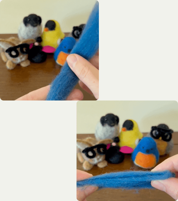 In the background of each image, five needle-felted critters, some bespectacled, eager as students watch a demonstration on a wood table. In the top left, a rounded square inlay shows two mostly obscured hands holding a length of blue wool fiber vertically. In the bottom right, a rounded square inlay shows two mostly obscured hands holding the length of blue wool fiber folded on itself.