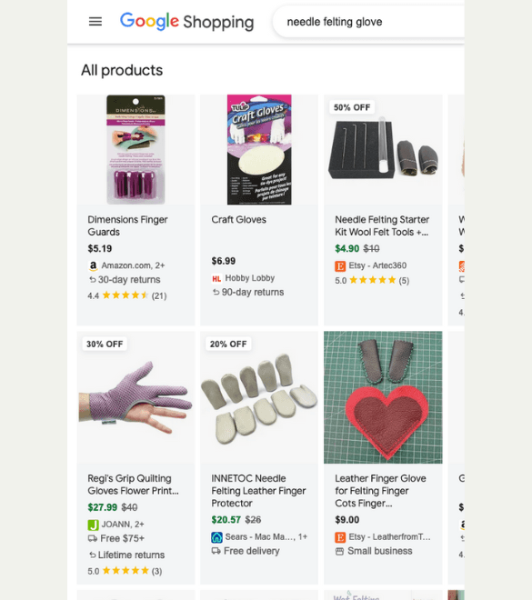 Screen capture of a Google shopping search for 'needle felting glove,' results including finger guards, craft gloves, finger protectors, and quilting gloves.