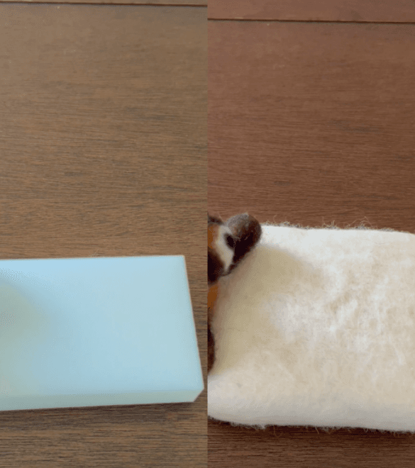 On the left, an inlay displays a small foam felting block. On the right, an inlay displays a medium sized wool fiber felting pad with a partially obscured needle-felted red panda leaning against it.