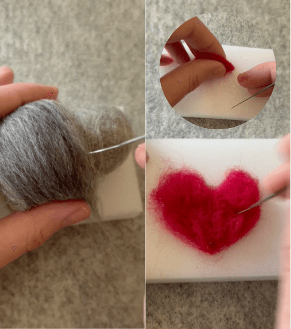 On the left, an inlay shows a partially obscured left hand holding a round needle-felted in progress grey borb between thumb and forefinger, on top of a foam felting block. A needle from an obscured hand is poking the incomplete borb. On the right, an inlay shows an obscured right hand poking a heart shape with a needle into a small foam felting block. A circular inlay just above shows a left hand removing the heart from the felting block.