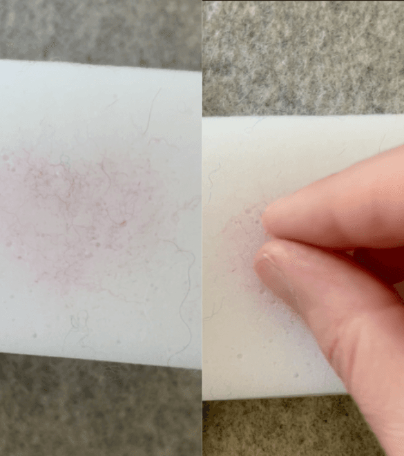 On the left, an inlay shows a close up of a small foam felting block with red and grey fibers stuck inside it. On the right, a hand gently pinches fibers from the same block.