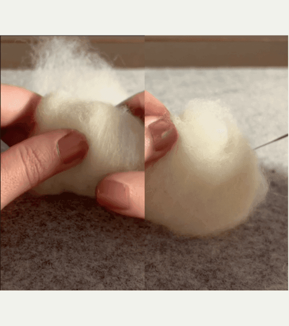 On the left side of the image, two mostly obscured hands roll up a length of white felting wool. On the right side, a mostly obscured left hand holds the wool in a ball while a totally obscured right hand pokes it with a felting needle.