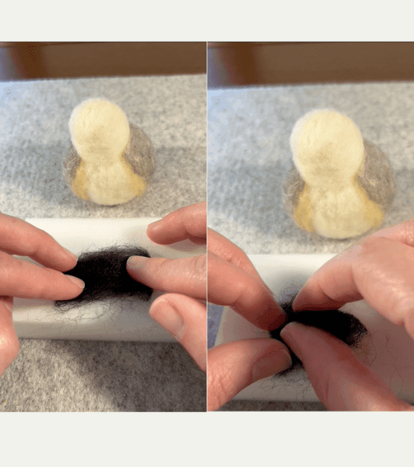 On the left side of the image, two partially obscured hands fold a piece of black felting wool into a rectangle on a felting pad. On the right, the hands fold the rectangle into a triangle, corner to corner. An incomplete grey and buff-chested borb sits in the background in both images.