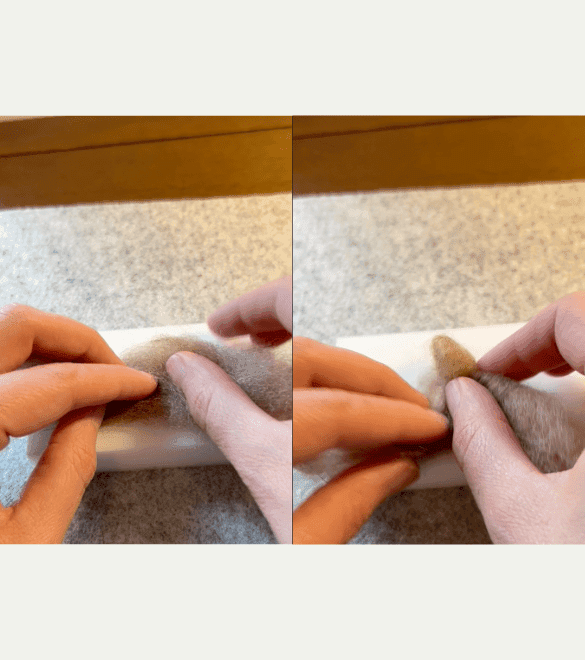 On the left side of the image, two partially obscured hands roll some brown felting wool, the left hand keeping the wool on a felting pad and the right hand rolling it lengthwise and unevenly. On the right, the hands complete rolling the brown wool into a cone shape.